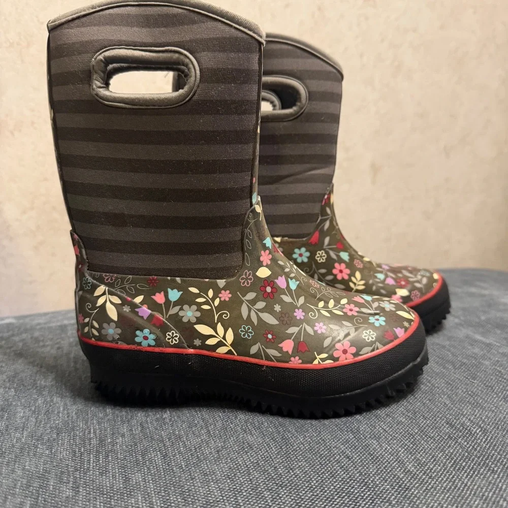 Kids Waterproof‎ Floral Striped Rain Boots with Pull Handles Gray Pink Size 11